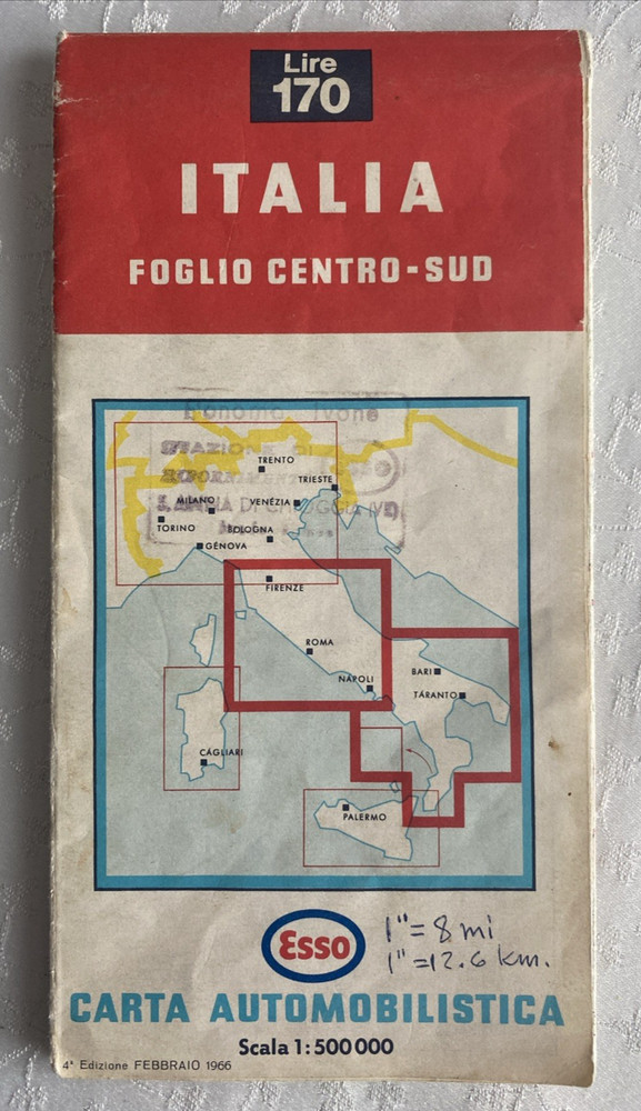Vintage Esso Central Italy Road Map Italia Centro-Sud February 1966 Edition