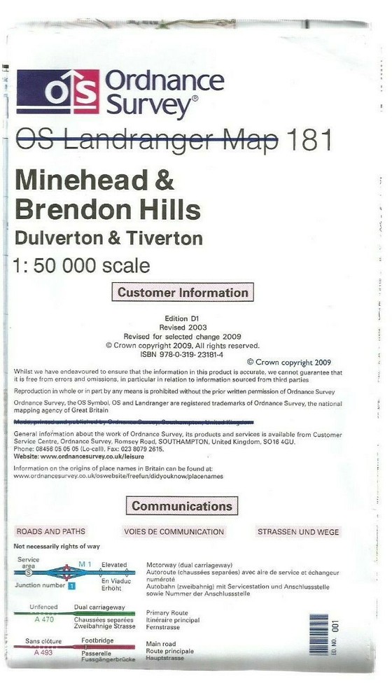 OS 1:50 000: Landranger 181 Minehead (Powerline & Obstruction Overprint)….