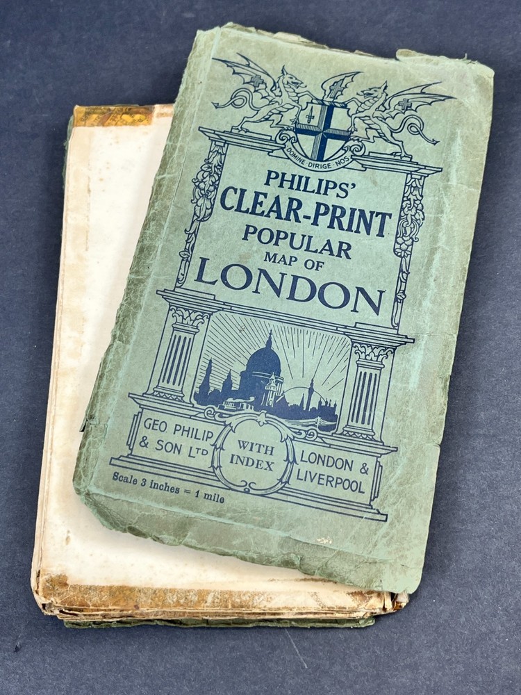 Antique Old Map of London England Philips Clear-Print Popular Street Index Worn