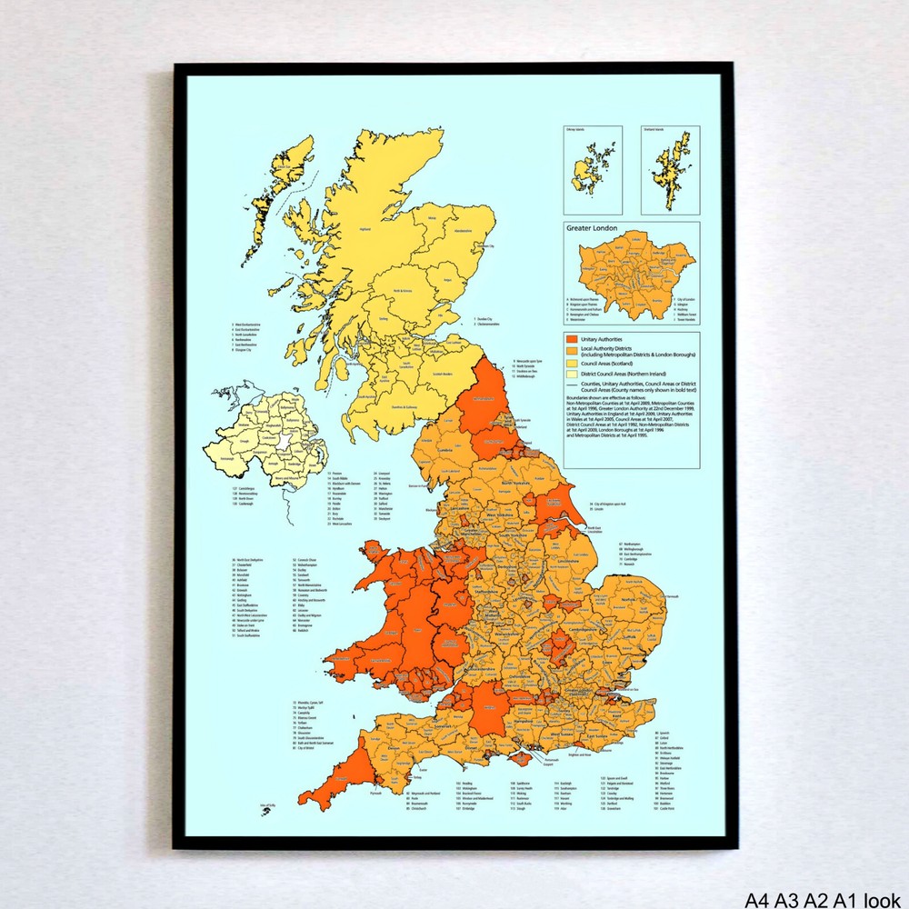UK Administrative Map GREAT BRITAIN ENGLAND WALES SCOTLAND Poster WallArt A4A3A2