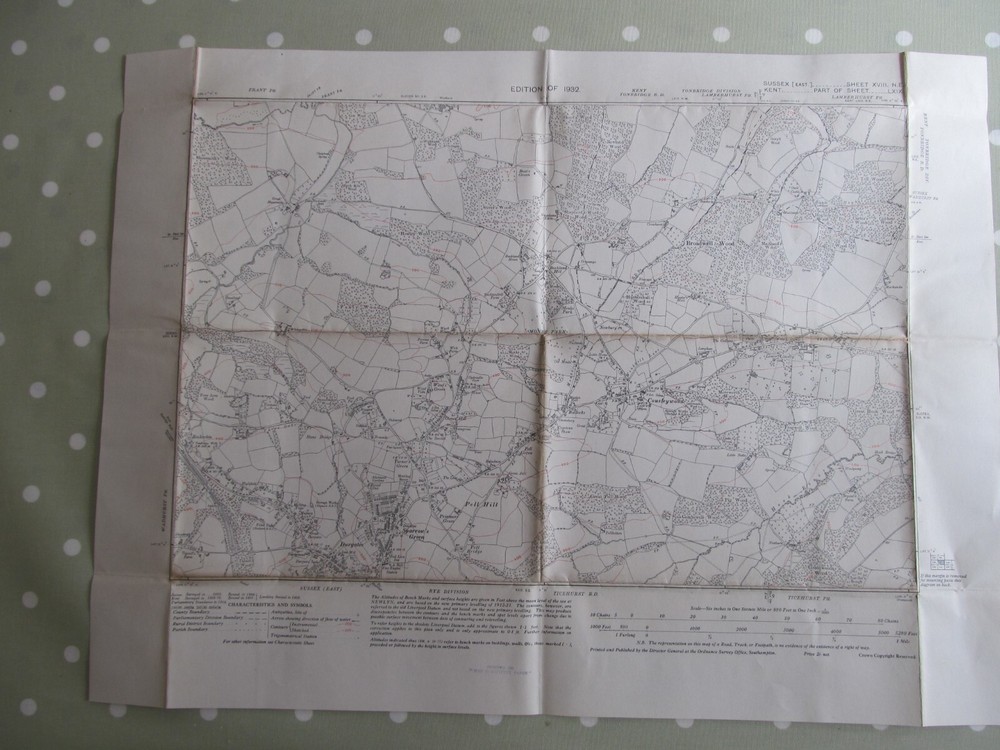 VINTAGE OS MAP OF COUSLEYWOOD AREA SUSSEX 1932 EDITION – SIX INCHES TO ONE MILE
