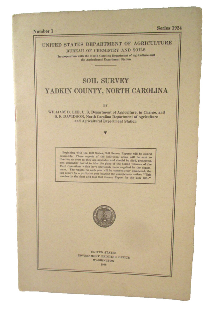 Vintage 1928 USDA SOIL SURVEY OF YADKIN COUNTY NC w/FOLD OUT MAP