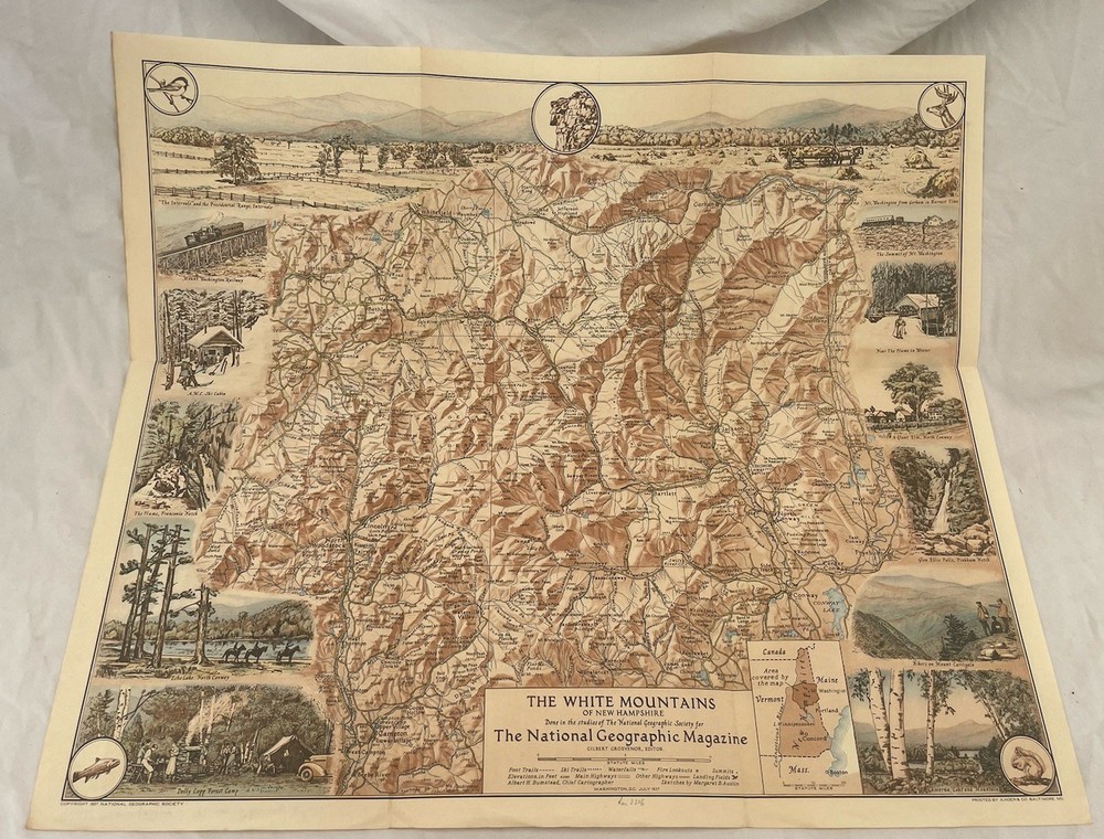 Vintage National Geographic Map The White Mountains Of New Hampshire July 1937