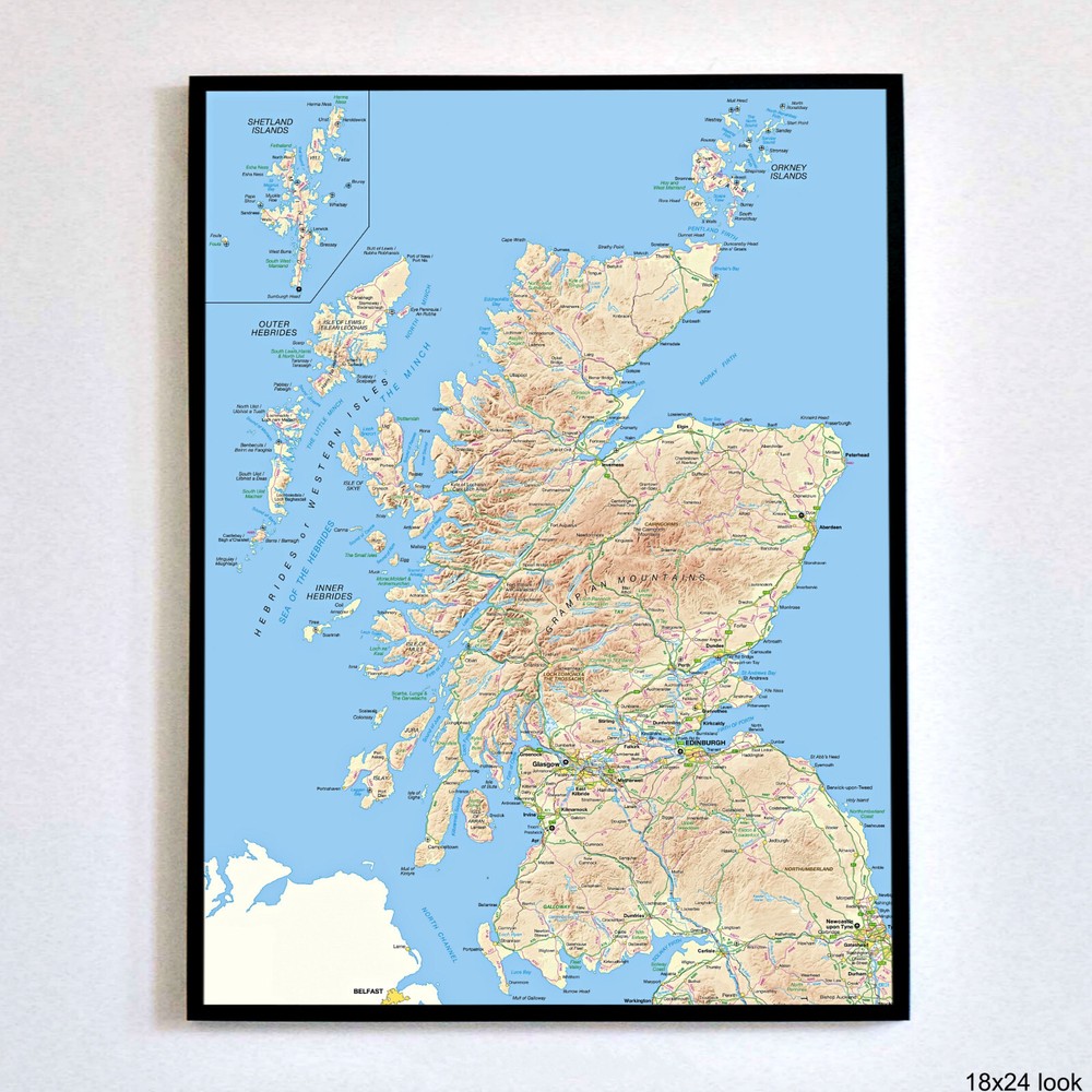 SCOTLAND MAP Poster Physical Map Wall Art Print 12×16 18×24 24×32