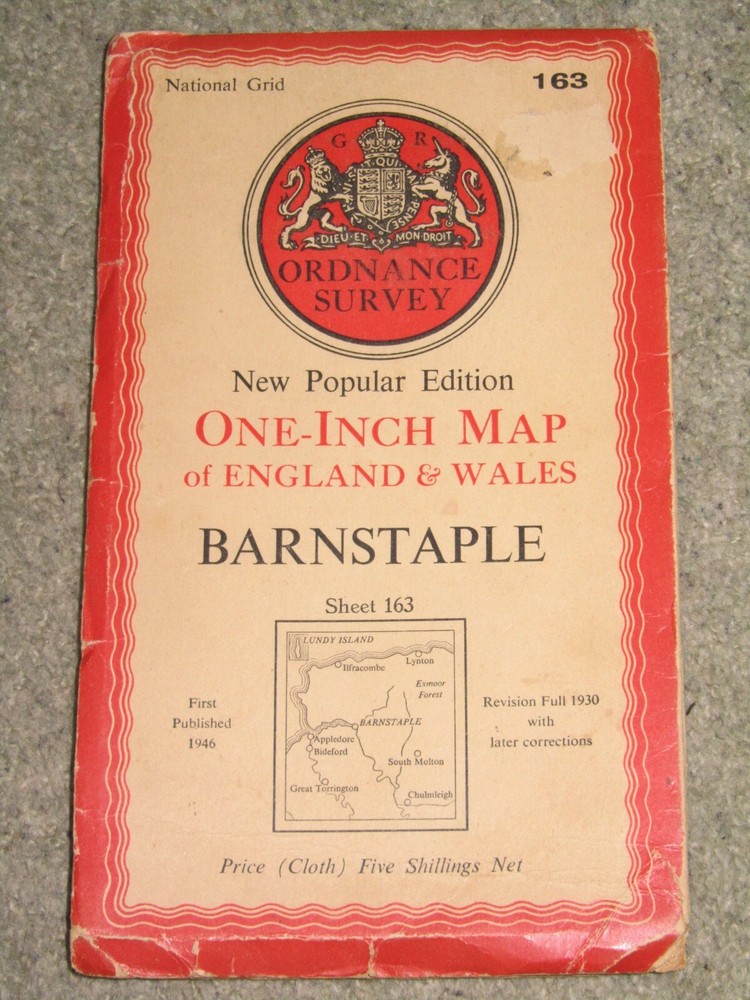 OS Ordnance Survey 1″ New Popular Edition 163 Barnstaple – 1946 on cloth
