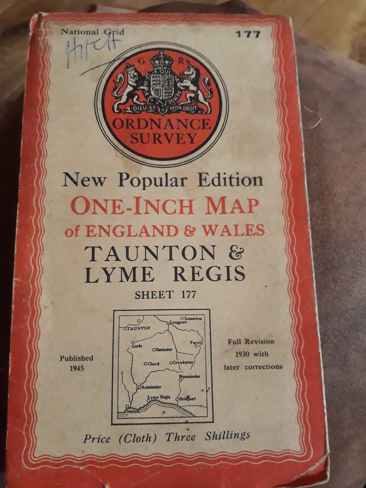 Ordnance Survey New Popular Edition 1″ map Taunton & Lyme Regis 177 (cloth) 1946