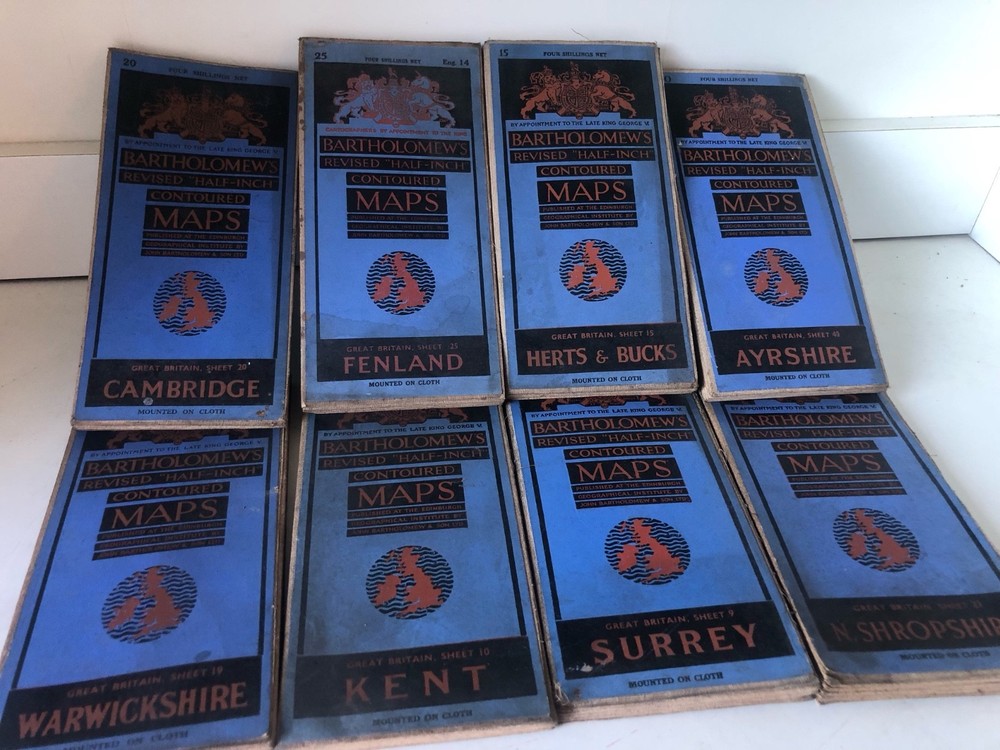 8xBartholomew Half Inch Maps Job Lot GB Cambridge Kent Surrey Ayrshire +