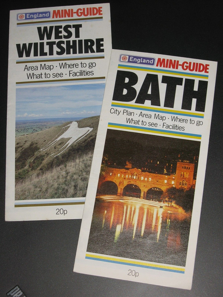 Bath, West Wiltshire, 2 x mini-guide leaftets, map, tourist info, 1980s vintage