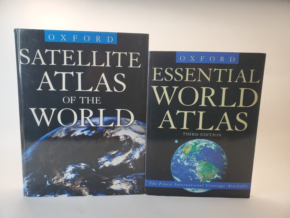 2 Oxford Atlas lot Satellite Atlas and Essential World hardcover & Paperback