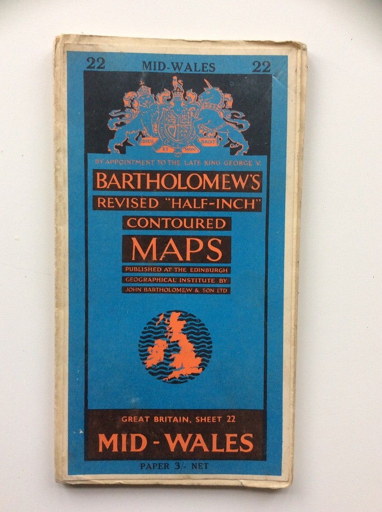 Vintage Map Bartholomews Revised Half Inch Sheet 22 Mid-Wales on paper