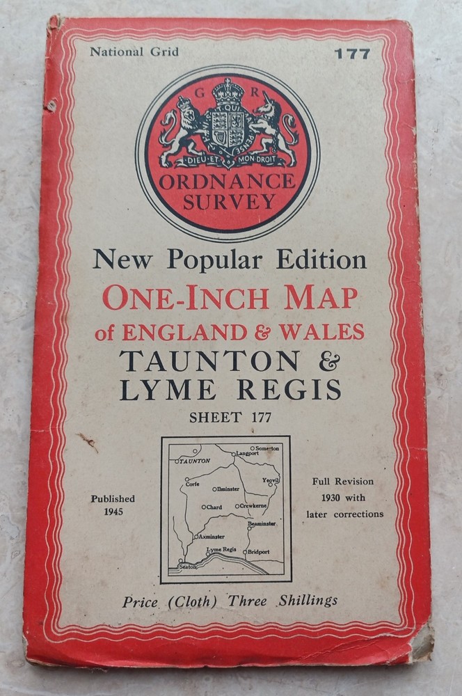 CLOTH Ordnance Survey One-Inch Map 177 TAUNTON & LYME REGIS Popular 6th Ed 1945