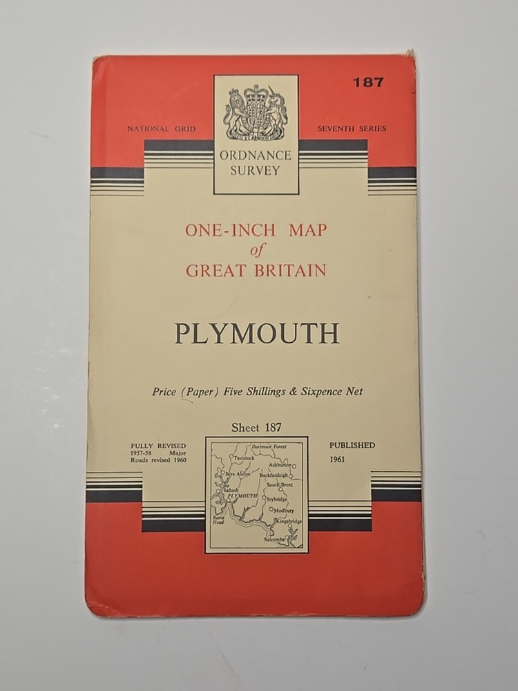 PLYMOUTH, Ordnance Survey, Seventh Series, One-Inch Map, Paper, Sheet 187, 1961