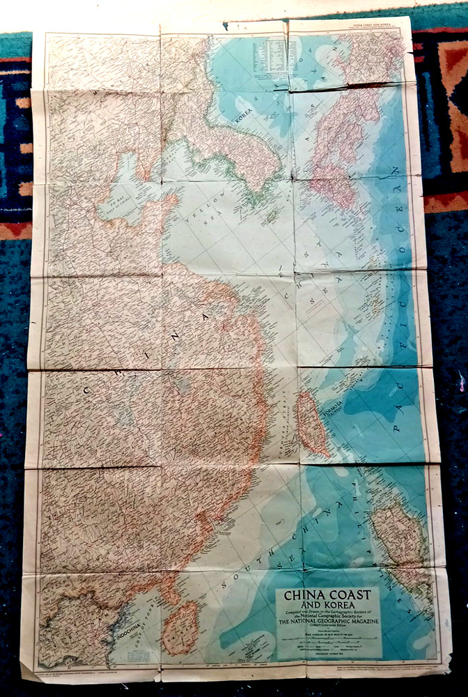 National Geographic Magazine Paper Folding Map CHINA COAST AND KOREA – 1953
