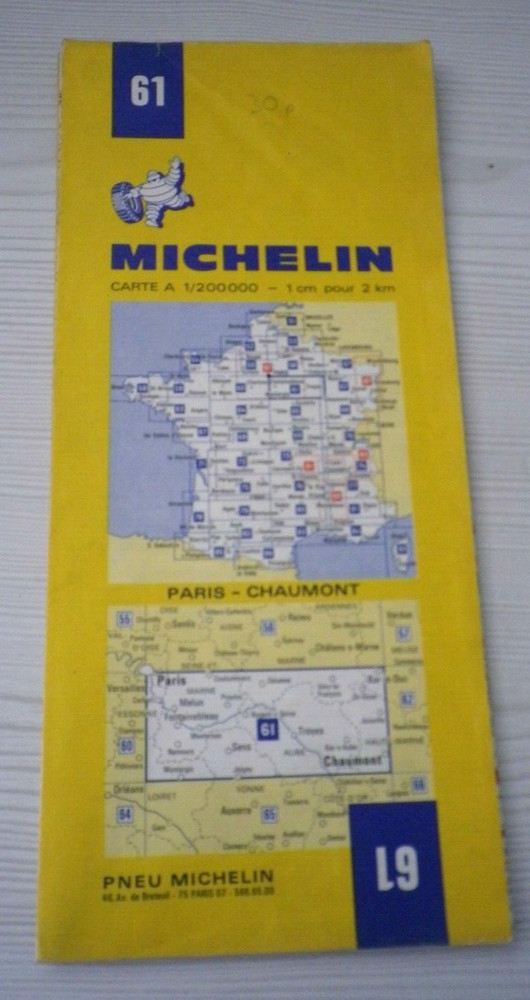 Michelin #61 PARIS-CHAUMONT 1/200 000 1cm : 2km Folding Motoring Map