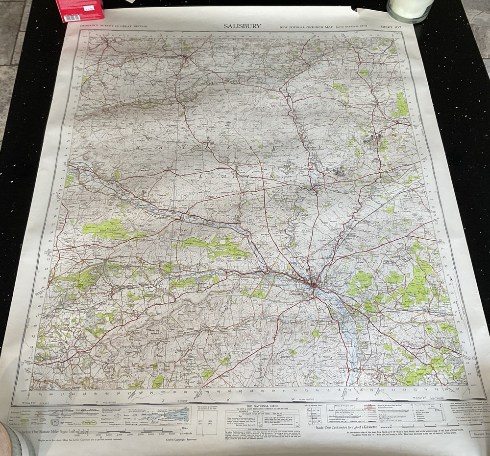 Ordnance Survey SALISBURY Wall Sheet Map NO 167 One-Inch MAP 1947 REvised ed