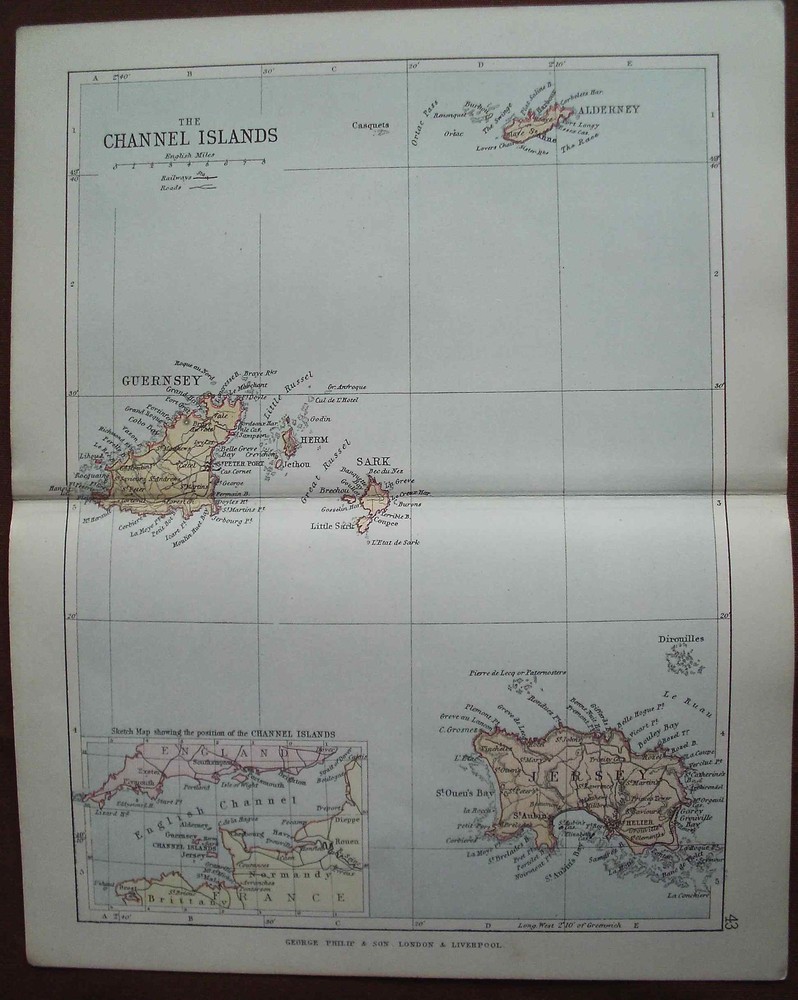 Antique colour map the Channel Islands late Victorian George Philip – Railways