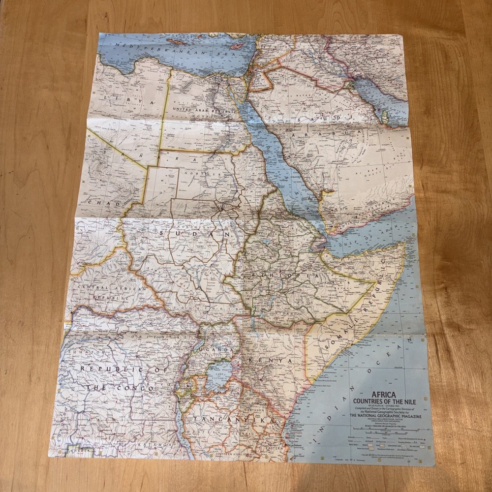 1963 National Geographic Magazine, Folded Paper Map,Africa Countries of The Nile