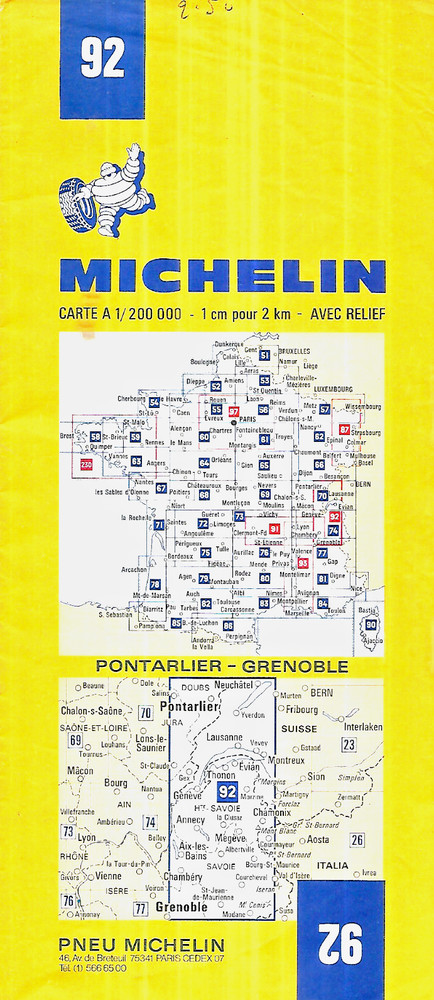 Michelin Map No. 92 Pontarlier – Grenoble FRANCE ~ 1974