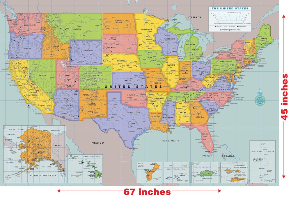 Extra-large USA Laminated Wall Map – 45” high x 67” wide