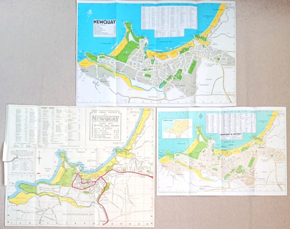 3 Street Maps of Newquay, Cornwall.