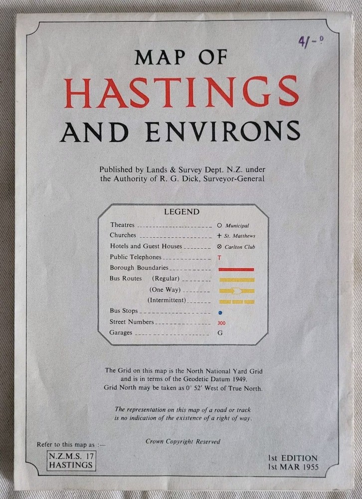 Vintage Map Of Hasting & Environs New Zealand (1955) 39″x 28″ 1st Edition
