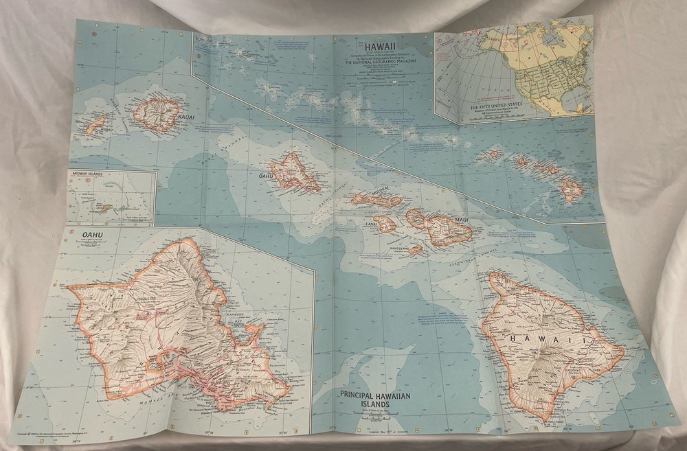 Vintage National Geographic Map Hawaii July 1960