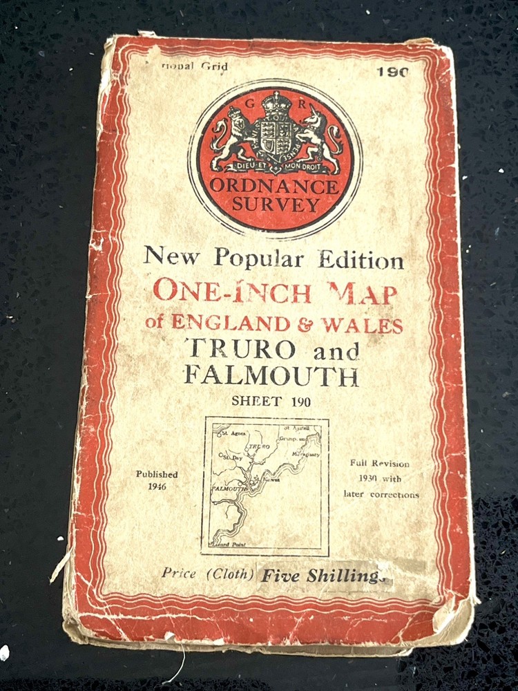 Vintage Ordnance Survey One Inch Cloth Map, Truro & Falmouth, no 190, 1946