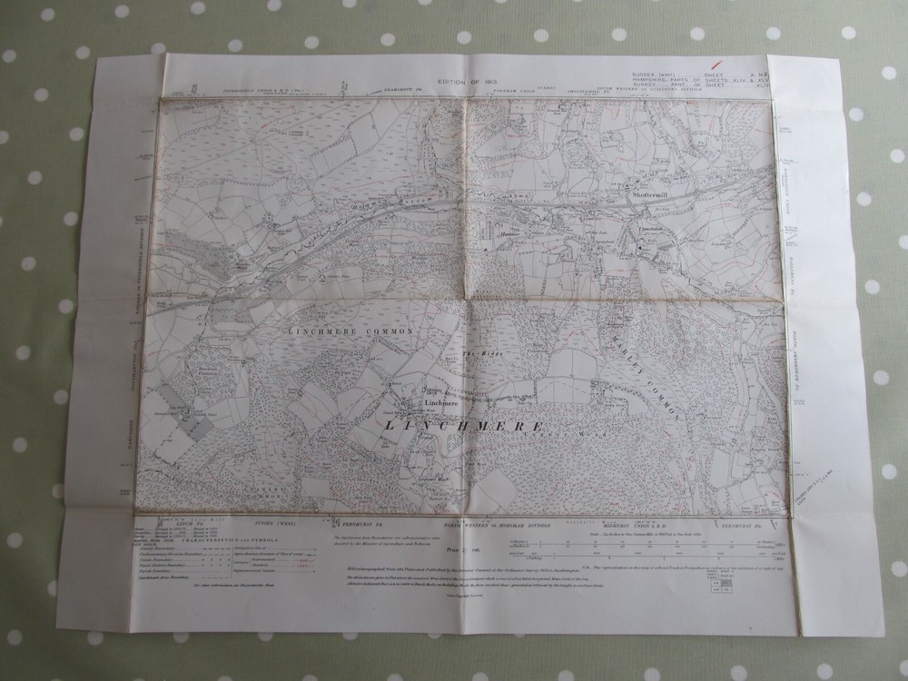 VINTAGE OS MAP OF LINCHMERE AREA SUSSEX 1913 EDITION – SIX INCHES TO ONE MILE