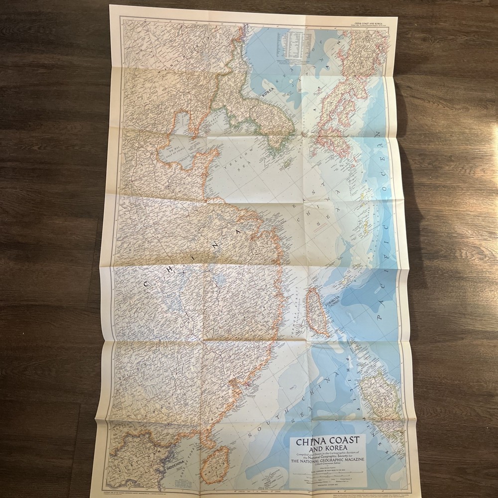 1953 National Geographic Magazine Paper Map China Coast And Korea Vintage