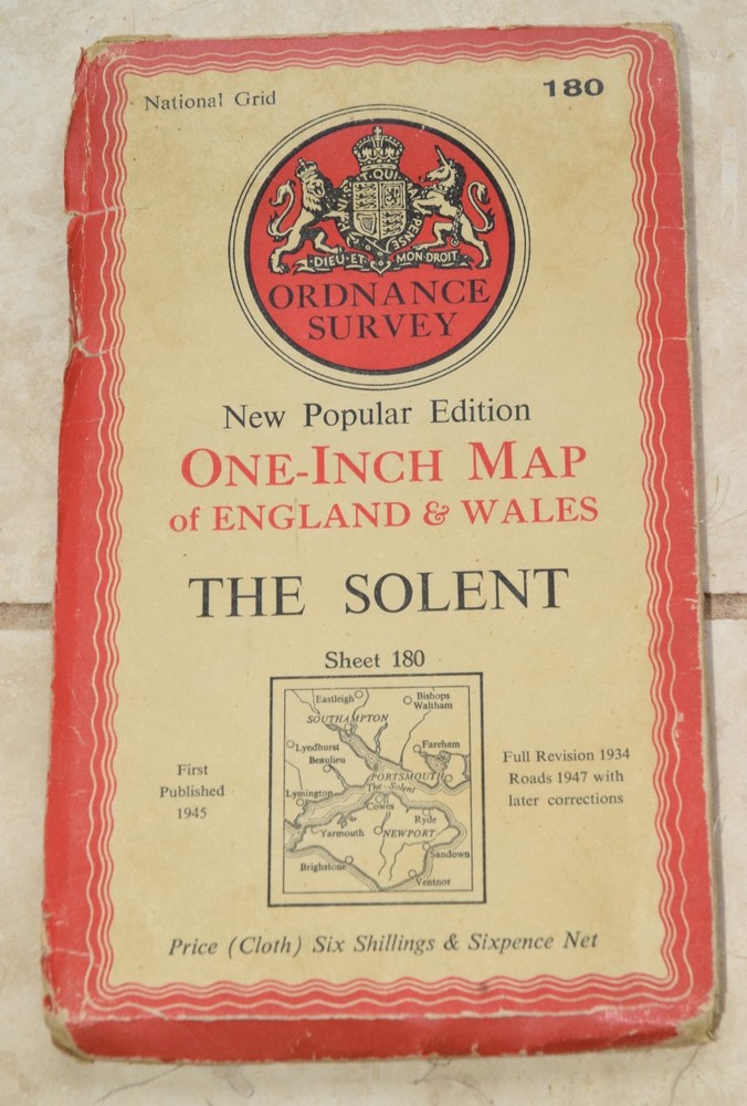 CLOTH Ordnance Survey One-Inch Map 180 THE SOLENT New Popular 6th Edition 1945