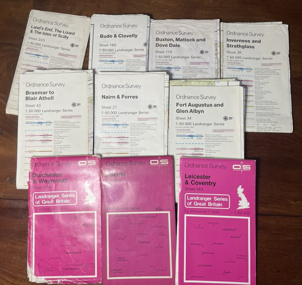 Job Lot 10 Vintage OS MAP LANDRANGER SHEETS, 1970s/1980s England, Scotland