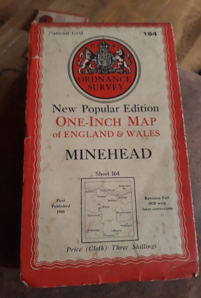 Ordnance Survey New Popular Edition 1″ map Minehead 164 (cloth) 1946