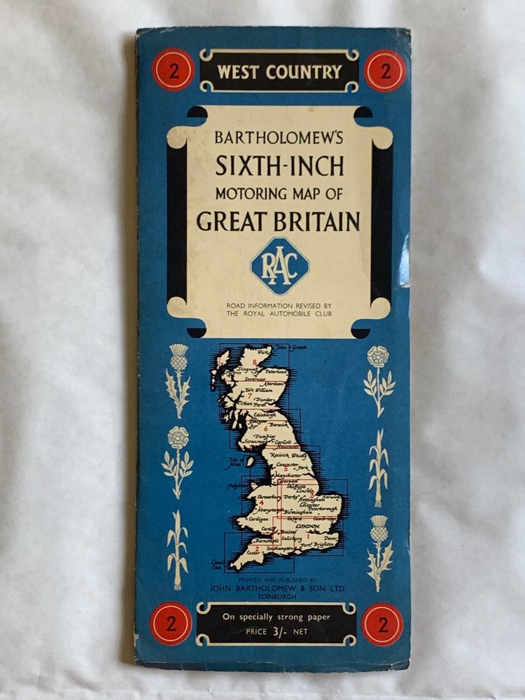 Vintage Bartholomews Sixth Inch Motoring map of Great Britain ,West Country