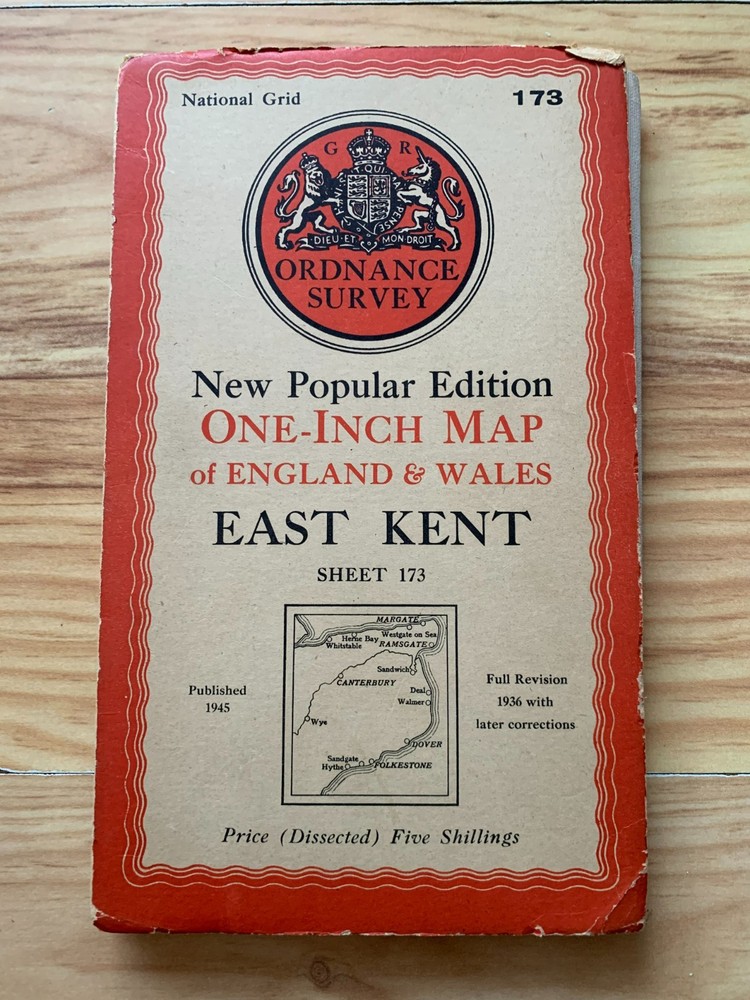 Vintage Ordance Survey folded Map of East Kent, pub 1945, cloth/linen paper
