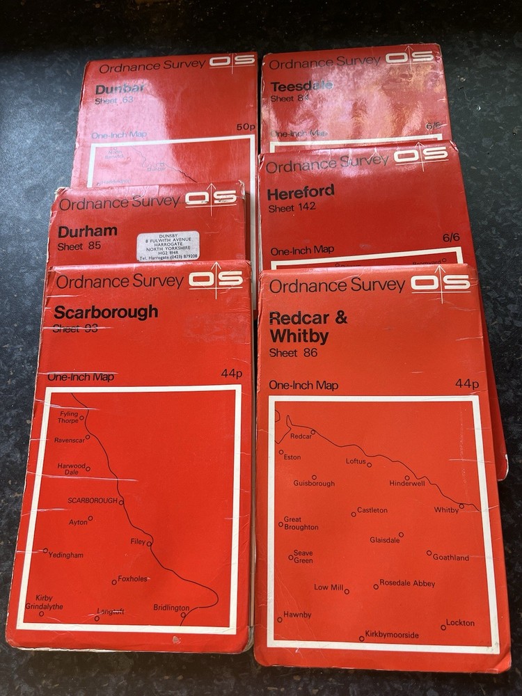 6 x Ordnance Survey One-Inch Maps Dunbar Teesdale Durham Scarborough Whitby