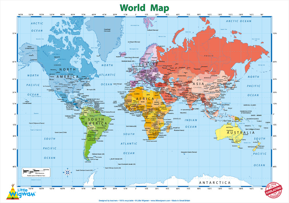 World Map Poster A2 Educational Children Kids No Tear Guarantee Little Wigwam