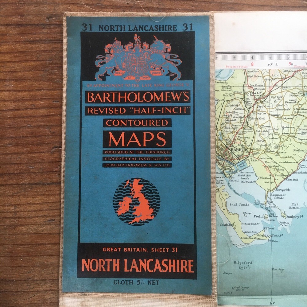 vintage Bartholomews cloth backed map of North Lancashire