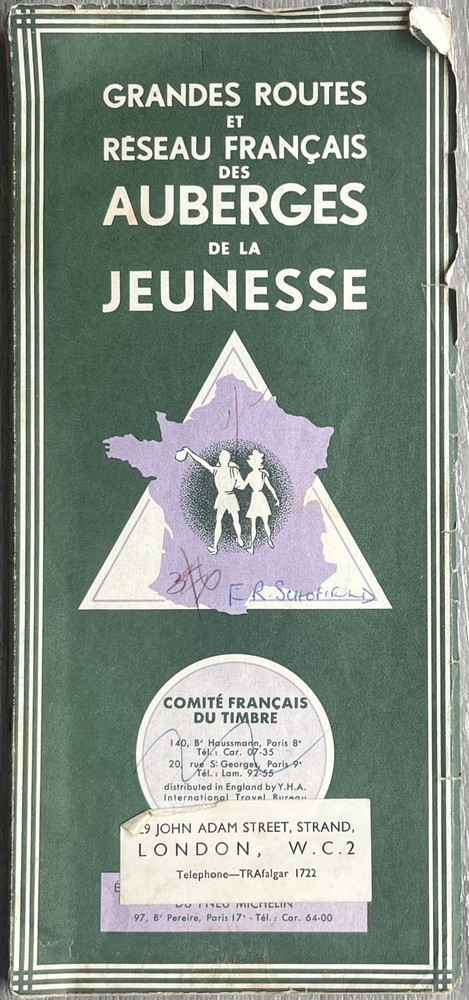 YOUTH HOSTELS NETWORK in FRANCE~Vintage Michelin Road Map 1955~110 x 99cm YHA