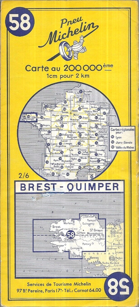 France: Michelin map 58 Brest-Quimper, scale 1:200,000. 1956 Edition