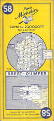 France: Michelin map 58 Brest-Quimper, scale 1:200,000. 1956 Edition