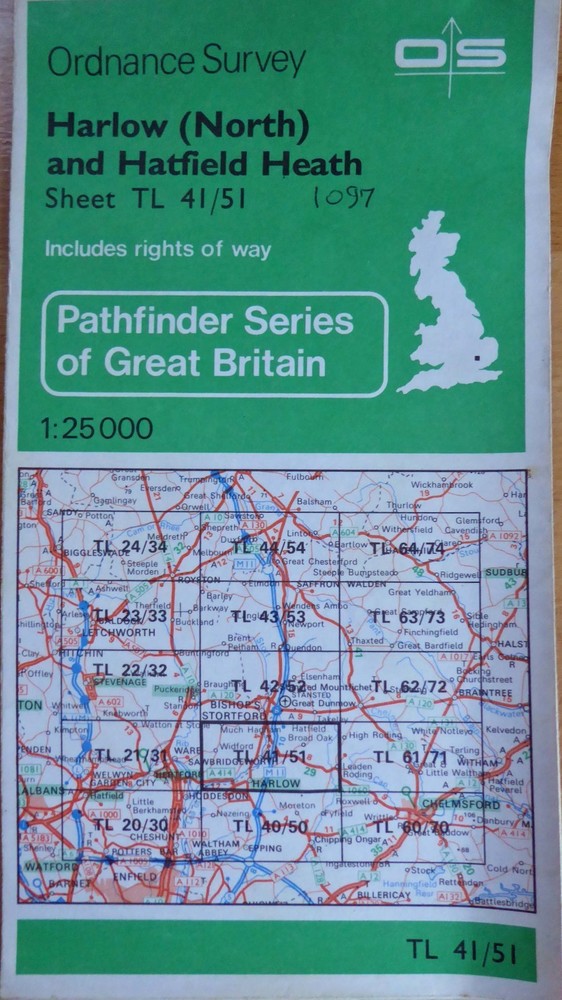 Harlow (North), Hatfield Hth. Pathfinder 1097. TL 41/51. OS 2.5inch Vintage Map.