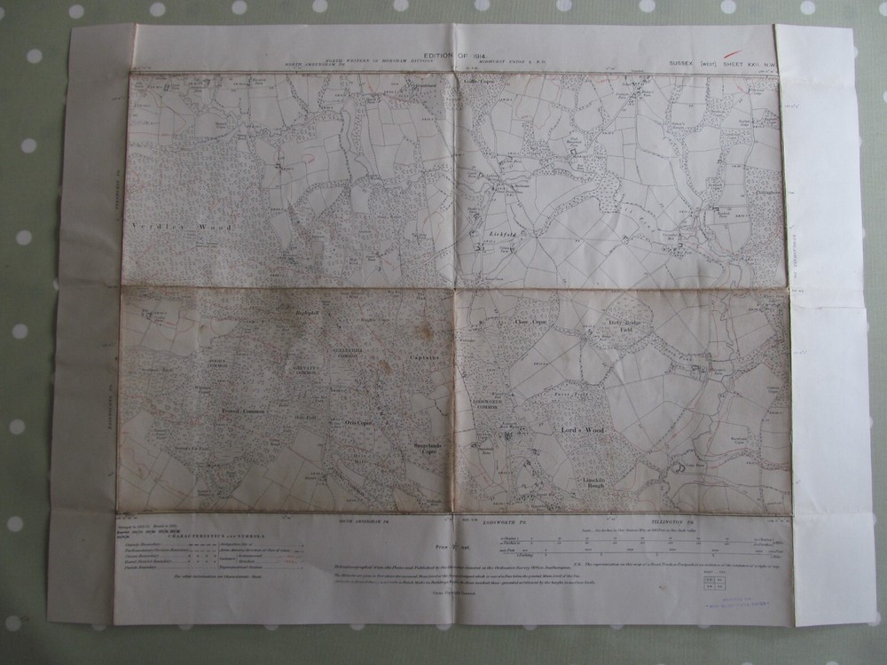 VINTAGE OS MAP OF LICKFOLD AREA SUSSEX 1914 EDITION – SIX INCHES TO ONE MILE