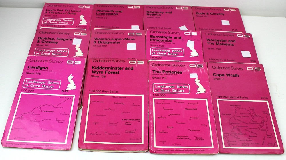 JOB LOT 12 Ordnance Survey Maps bundle Pink British Britain 1:50000 Second Seri