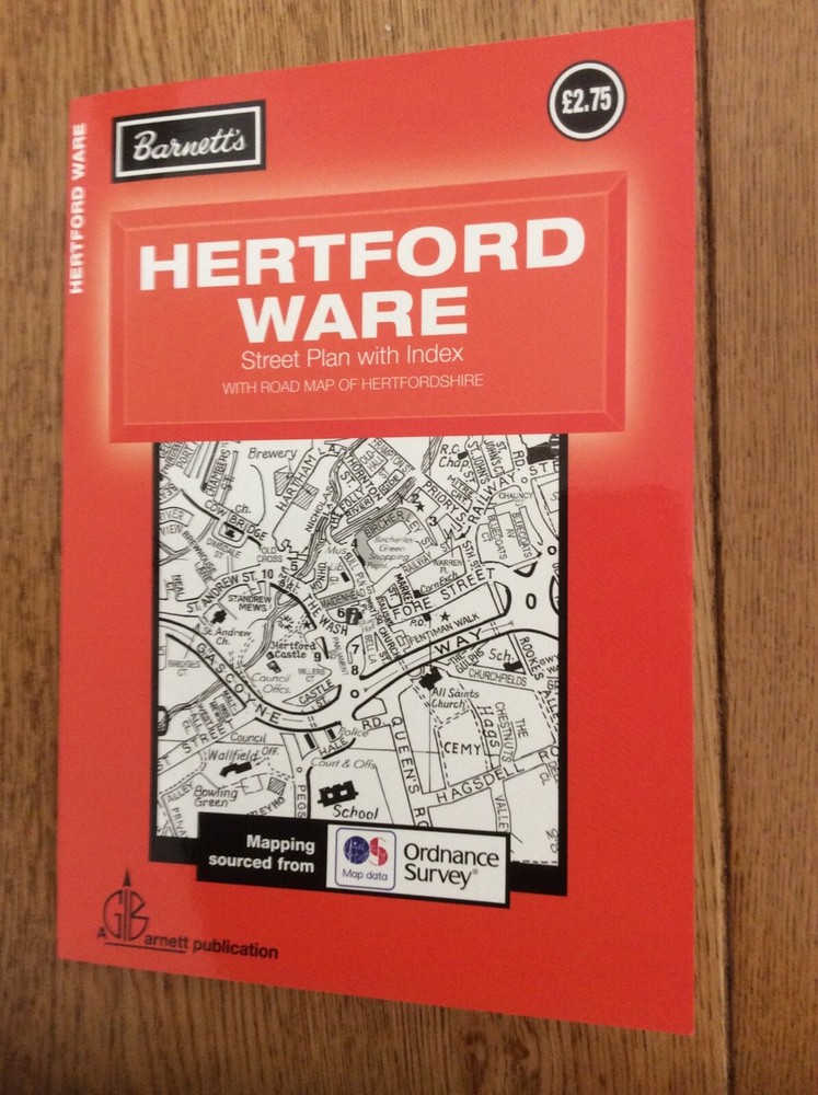Hertford and Ware Fold out street map with herts road map Black/white 