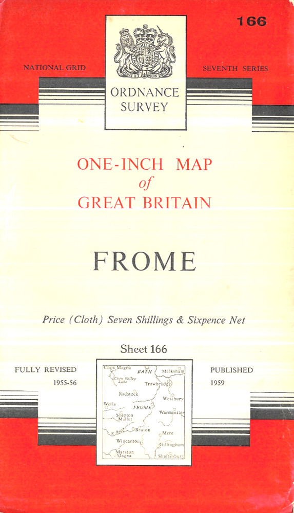 OS Ordnance Survey One Inch CLOTH Map, of Frome, Sheet 166, 1959