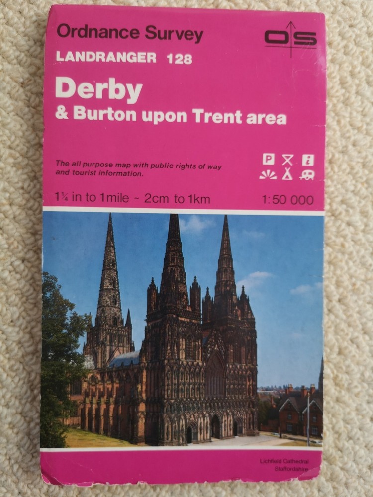 OS 128 Ordnance Survey Landranger Map Derby & Burton on Trent area – 1991 VGC