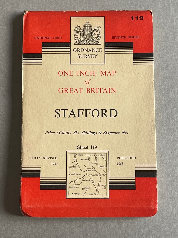 OS Ordnance Survey One Inch Cloth Map,of Stafford, Sheet 118, 1953