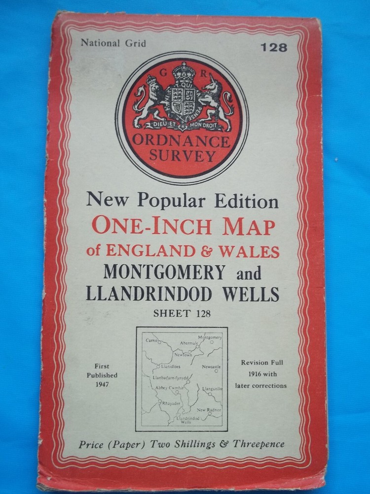 ORDNANCE SURVEY MAP MONTGOMERY AND LLANDRINDOD SHEET 128 1947 NATIONAL GRID