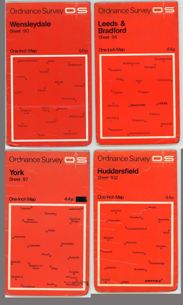 Ordnance survey maps 1 inch 90,96,97,102 Wensleydale Leeds & Bradford York Hudds