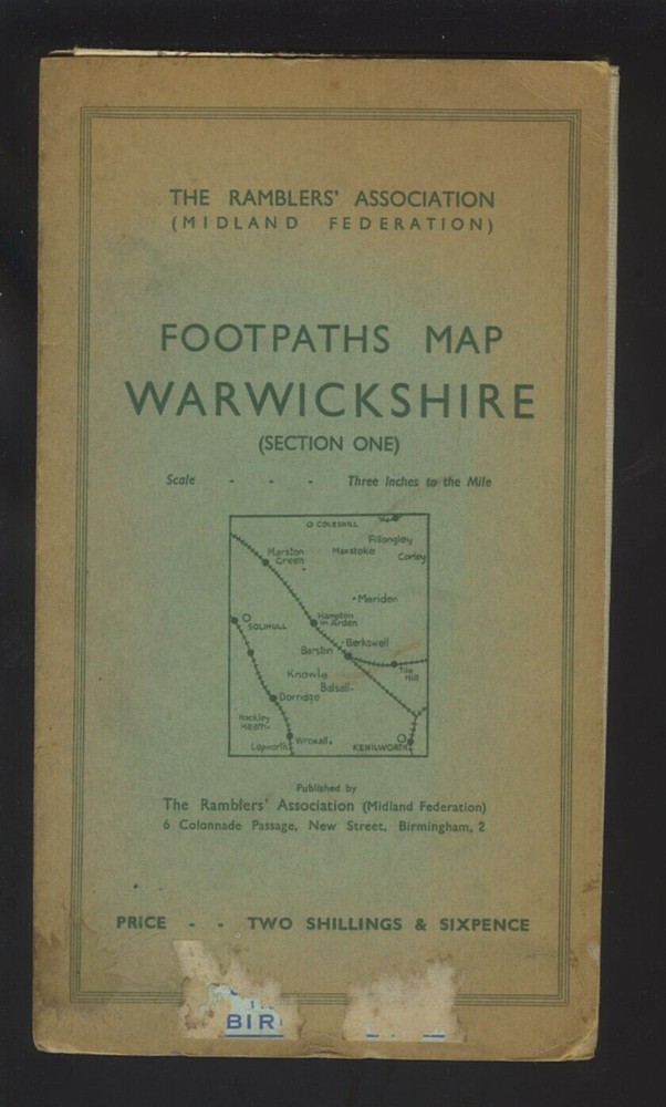 ORDNANCE SURVEY MAP WARWICKSHIRE FOOTPATHS for rambles Association 1937